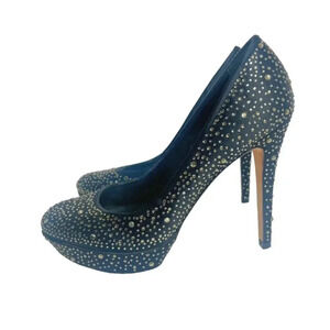 BCBG Maxazria Navy Blue Satin Gold Rhinestone Pumps Stilettos Size 8.5